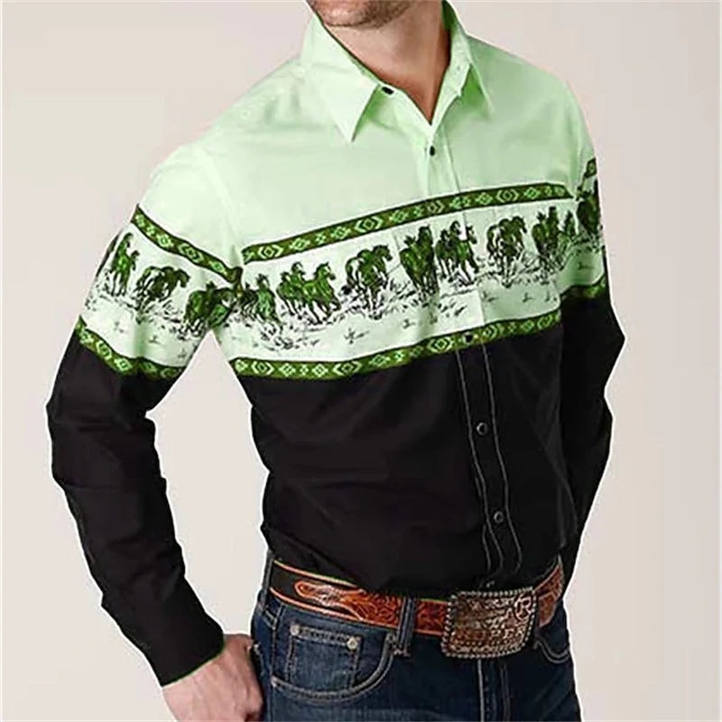 Camisa Estilo Cowboy Ocidental Masculina Moda Streetwear Designer Ao Ar Livre Diário Outono Inverno Camisa com Gola e Botões Estampada