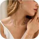 Conjunto de Joias de Ouro para Mulheres, Delicado Conjunto de Colar e Brincos com Pérola Banhado a Ouro 14K/Prata com Brincos Pendentes, Pulseiras e Colar