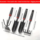 Um Conjunto de Quatro Ferramentas de Jardinagem Externas, Incluindo uma Pequena Pá para Plantar Flores, um Ancinho de Cinco Pontas e um Ancinho de Dupla Cabeça