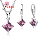 Acessórios Femininos Conjunto de Colar e Brincos Pingente de Jóias Menina Quadrado Brilhante Pingente de Cristal CZ Prata Esterlina 925