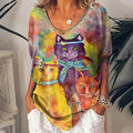Camiseta Feminina com Estampa 3D de Gatos Moda Mulher Blusas 2025 Camiseta V-Neck Engraçada Kawaii Roupas Femininas Tops de Verão Oversized Tees