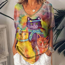 Camiseta Feminina com Estampa 3D de Gatos Moda Mulher Blusas 2025 Camiseta V-Neck Engraçada Kawaii Roupas Femininas Tops de Verão Oversized Tees