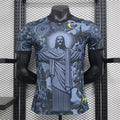 Camisa de Treinamento de Futebol de Verão Top Brasil Edição Especial Jesus Preta e Cinza Camisa de Futebol Masculina e Feminina para Exterior de Secagem Rápida