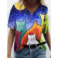 Camiseta Feminina com Estampa 3D de Gatos Moda Mulher Blusas 2025 Camiseta V-Neck Engraçada Kawaii Roupas Femininas Tops de Verão Oversized Tees