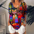 Camiseta Feminina com Estampa 3D de Gatos Moda Mulher Blusas 2025 Camiseta V-Neck Engraçada Kawaii Roupas Femininas Tops de Verão Oversized Tees