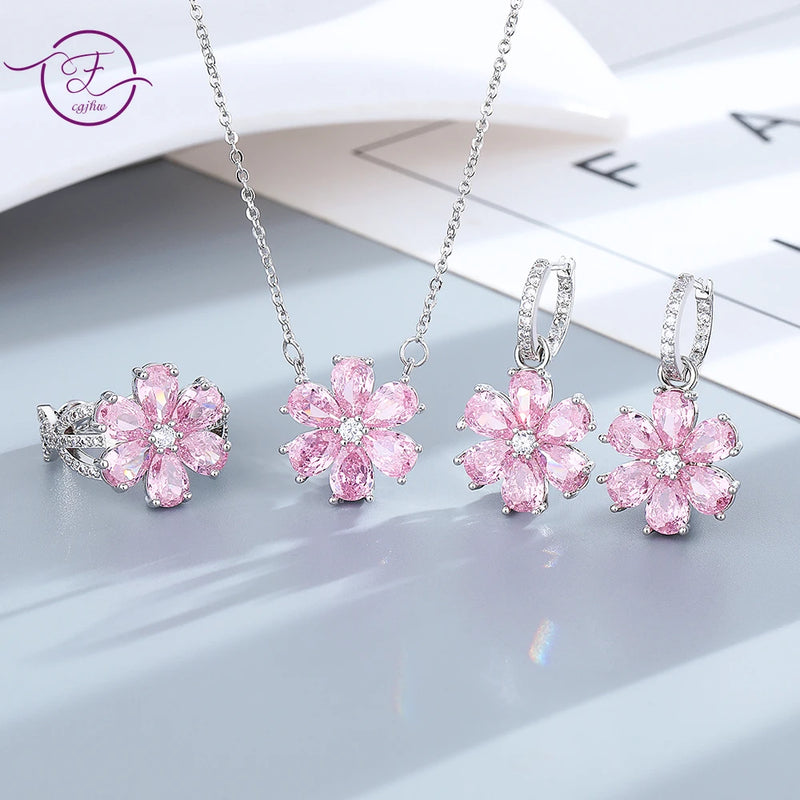 Anel de Casamento Fashion para Mulheres Conjunto de Joias Finas com Pingente de Flor de Cristal de Zircônia Rosa, Pulseiras, Brincos, Colar e Anéis FCGJHW