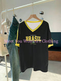 Camisetas Casuais com Estampa da Bandeira do Brasil Camiseta Gótica Manga Curta Camiseta com Estampa do BRASIL Criatividade Feminina Camiseta de Rua Gola V