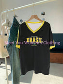 Camisetas Casuais com Estampa da Bandeira do Brasil Camiseta Gótica Manga Curta Camiseta com Estampa do BRASIL Criatividade Feminina Camiseta de Rua Gola V