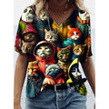Camiseta Feminina com Estampa 3D de Gatos Moda Mulher Blusas 2025 Camiseta V-Neck Engraçada Kawaii Roupas Femininas Tops de Verão Oversized Tees