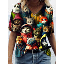 Camiseta Feminina com Estampa 3D de Gatos Moda Mulher Blusas 2025 Camiseta V-Neck Engraçada Kawaii Roupas Femininas Tops de Verão Oversized Tees