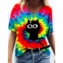 Camiseta Feminina com Estampa 3D de Gatos Moda Mulher Blusas 2025 Camiseta V-Neck Engraçada Kawaii Roupas Femininas Tops de Verão Oversized Tees