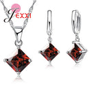 Acessórios Femininos Conjunto de Colar e Brincos Pingente de Jóias Menina Quadrado Brilhante Pingente de Cristal CZ Prata Esterlina 925