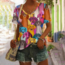 Camiseta Feminina com Estampa 3D de Gatos Moda Mulher Blusas 2025 Camiseta V-Neck Engraçada Kawaii Roupas Femininas Tops de Verão Oversized Tees