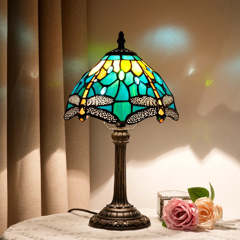 Table Lamp 8 Inches Stained Glass Bedside Lamp Red Rose Desk Reading Light Bedroom Living Room Home Office