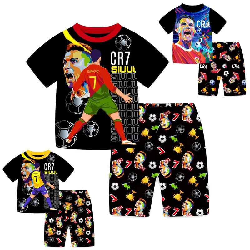Camiseta de Futebol Infantil de Verão CR7 para Meninos e Meninas, Fantasia No.7, Conjunto de Pijama com Camiseta + Calça, Futebol Ronaldo CR7 Impressão, Roupas Infantis, Presentes