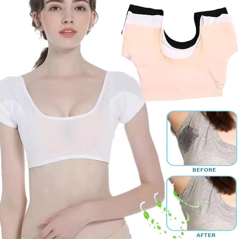 Camiseta com Absorventes de Suor para Axilas Feminina, Protetor de Transpiração para Mulheres e Meninas, Camisa à Prova de Suor Lavável