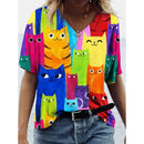 Camiseta Feminina com Estampa 3D de Gatos Moda Mulher Blusas 2025 Camiseta V-Neck Engraçada Kawaii Roupas Femininas Tops de Verão Oversized Tees