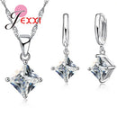 Acessórios Femininos Conjunto de Colar e Brincos Pingente de Jóias Menina Quadrado Brilhante Pingente de Cristal CZ Prata Esterlina 925