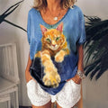 Camiseta Feminina com Estampa 3D de Gatos Moda Mulher Blusas 2025 Camiseta V-Neck Engraçada Kawaii Roupas Femininas Tops de Verão Oversized Tees