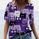 Camiseta Feminina com Estampa 3D de Gatos Moda Mulher Blusas 2025 Camiseta V-Neck Engraçada Kawaii Roupas Femininas Tops de Verão Oversized Tees