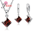 Acessórios Femininos Conjunto de Colar e Brincos Pingente de Jóias Menina Quadrado Brilhante Pingente de Cristal CZ Prata Esterlina 925