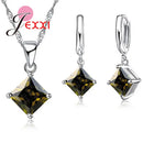 Acessórios Femininos Conjunto de Colar e Brincos Pingente de Jóias Menina Quadrado Brilhante Pingente de Cristal CZ Prata Esterlina 925