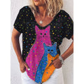 Camiseta Feminina com Estampa 3D de Gatos Moda Mulher Blusas 2025 Camiseta V-Neck Engraçada Kawaii Roupas Femininas Tops de Verão Oversized Tees
