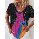 Camiseta Feminina com Estampa 3D de Gatos Moda Mulher Blusas 2025 Camiseta V-Neck Engraçada Kawaii Roupas Femininas Tops de Verão Oversized Tees