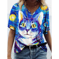 Camiseta Feminina com Estampa 3D de Gatos Moda Mulher Blusas 2025 Camiseta V-Neck Engraçada Kawaii Roupas Femininas Tops de Verão Oversized Tees