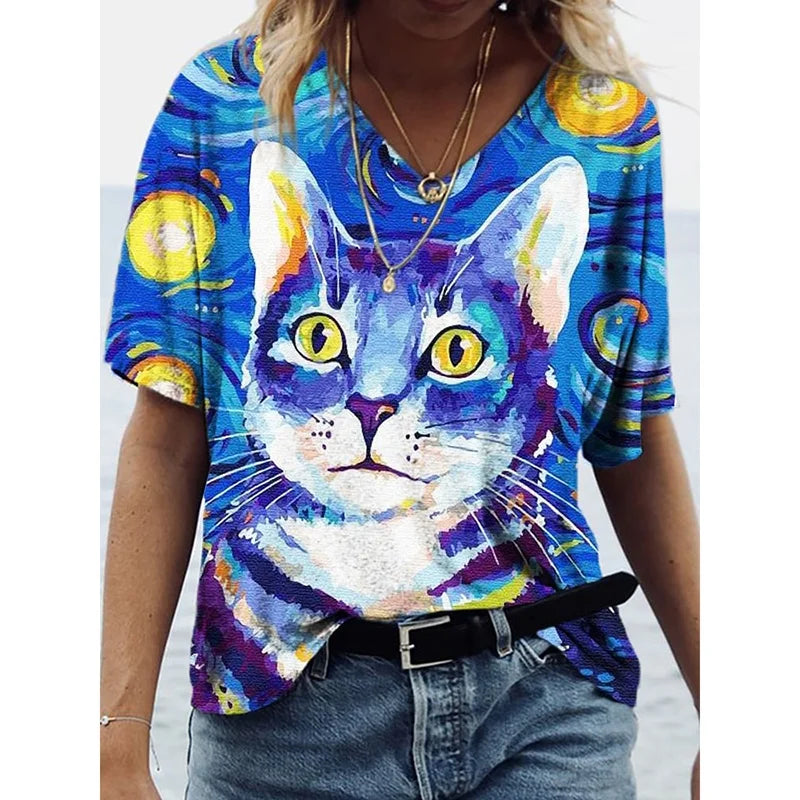 Camiseta Feminina com Estampa 3D de Gatos Moda Mulher Blusas 2025 Camiseta V-Neck Engraçada Kawaii Roupas Femininas Tops de Verão Oversized Tees