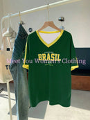 Camisetas Casuais com Estampa da Bandeira do Brasil Camiseta Gótica Manga Curta Camiseta com Estampa do BRASIL Criatividade Feminina Camiseta de Rua Gola V
