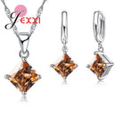 Acessórios Femininos Conjunto de Colar e Brincos Pingente de Jóias Menina Quadrado Brilhante Pingente de Cristal CZ Prata Esterlina 925