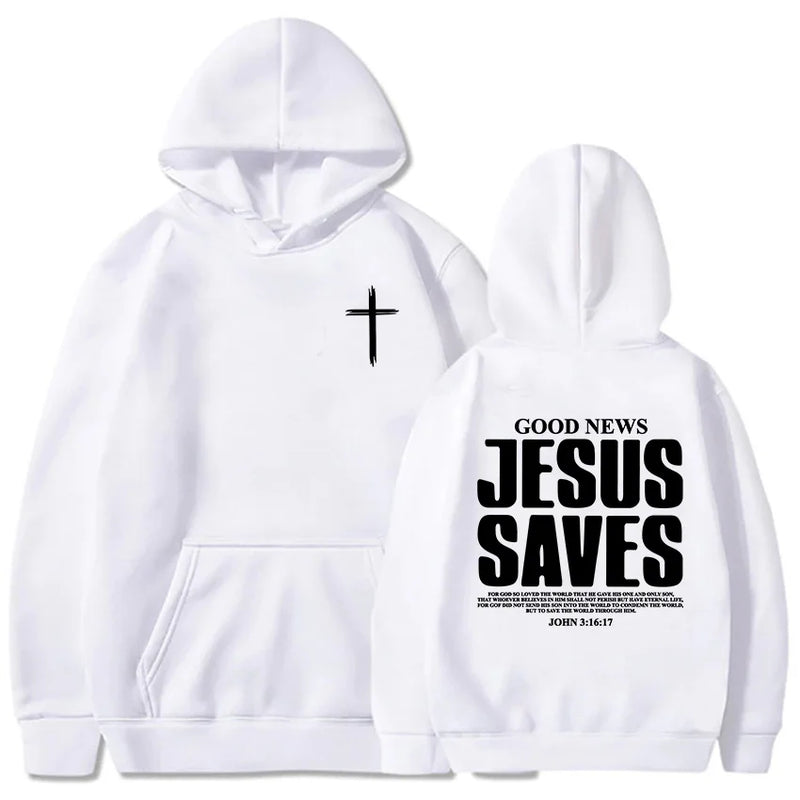 Moletom Jesus Salva João 3:16-17: Blusa de Manga Longa com Versículo Bíblico Cristão para Homens e Mulheres, Roupas de Inverno Confortáveis com Bolso e Estampa Gráfica
