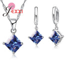 Acessórios Femininos Conjunto de Colar e Brincos Pingente de Jóias Menina Quadrado Brilhante Pingente de Cristal CZ Prata Esterlina 925