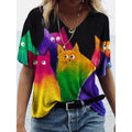 Camiseta Feminina com Estampa 3D de Gatos Moda Mulher Blusas 2025 Camiseta V-Neck Engraçada Kawaii Roupas Femininas Tops de Verão Oversized Tees