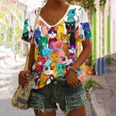 Camiseta Feminina com Estampa 3D de Gatos Moda Mulher Blusas 2025 Camiseta V-Neck Engraçada Kawaii Roupas Femininas Tops de Verão Oversized Tees