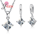 Acessórios Femininos Conjunto de Colar e Brincos Pingente de Jóias Menina Quadrado Brilhante Pingente de Cristal CZ Prata Esterlina 925