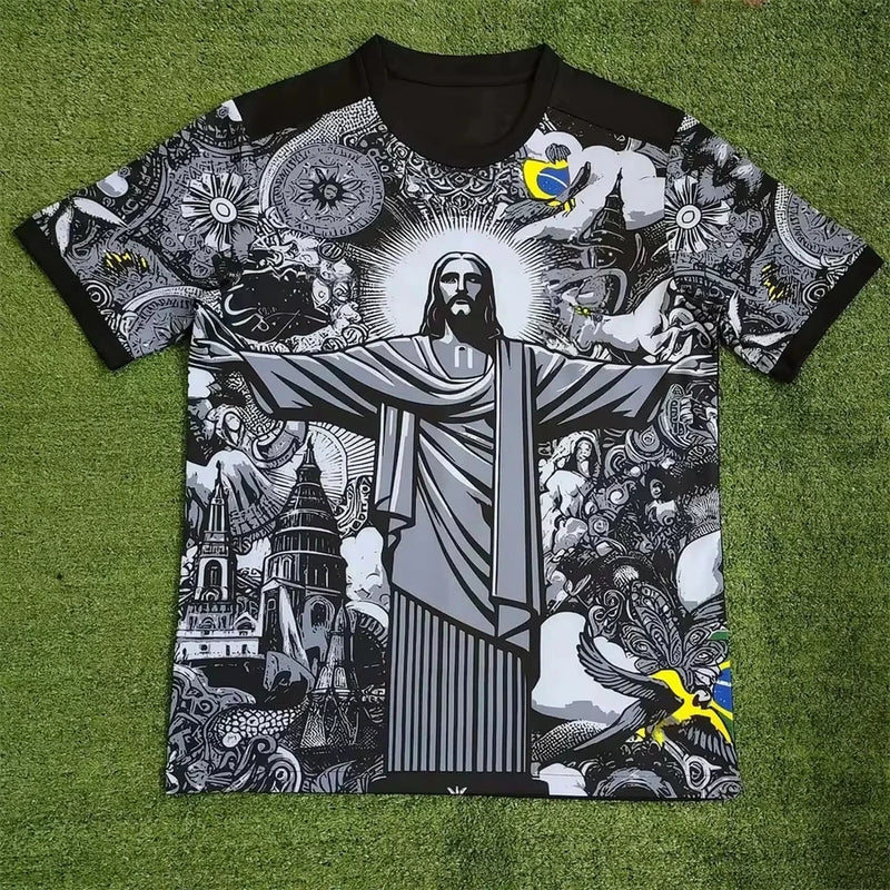 Camisa de Treinamento de Futebol de Verão Top Brasil Edição Especial Jesus Preta e Cinza Camisa de Futebol Masculina e Feminina para Exterior de Secagem Rápida