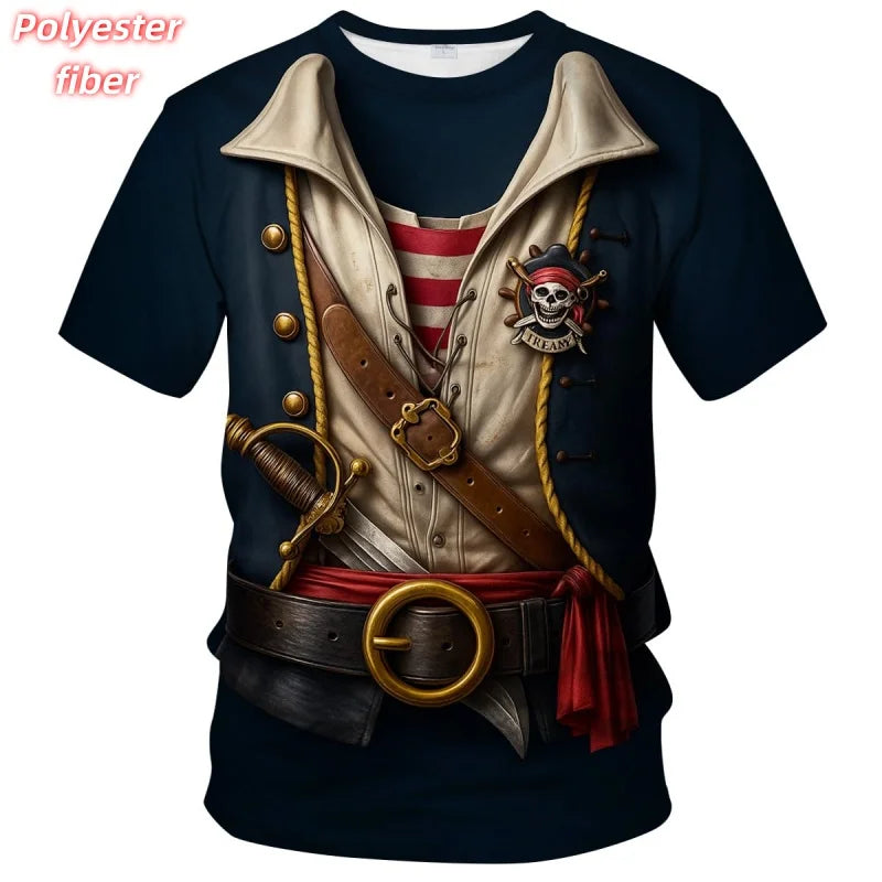Camiseta de Cosplay 3D Impressa para Homens Conjunto Falso Camisetas com Estampa de Pirata Verão Rua Casual Manga Curta Tops Soltos com Gola Redonda