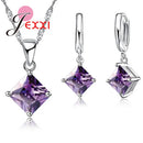 Acessórios Femininos Conjunto de Colar e Brincos Pingente de Jóias Menina Quadrado Brilhante Pingente de Cristal CZ Prata Esterlina 925