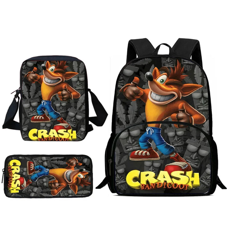 Mochilas Infantis Cartoon Crash Bandicoots Bolsa de Ombro Estojo de Lápis Mochilas Escolares de Grande Capacidade para Meninos e Meninas Melhor Presente