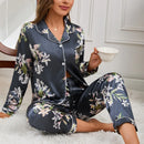 Pijama Feminino Roupas de Casa Outono Cetim Estampa Flor Camisola Manga Longa Calça de Pijama Conjunto 2 Peças Nachtwear