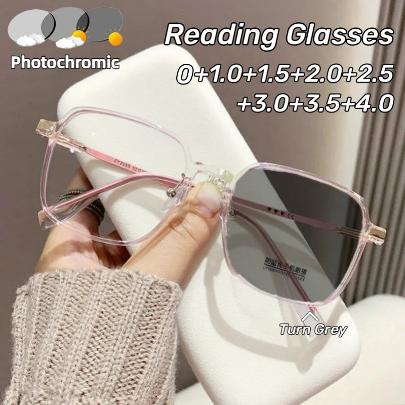 Óculos de Presbiopia Fotocrômicos, Armação Grande, Óculos de Moda Anti-luz Azul para Homens e Mulheres, Óculos de Leitura e Óculos de Sol ao Ar Livre