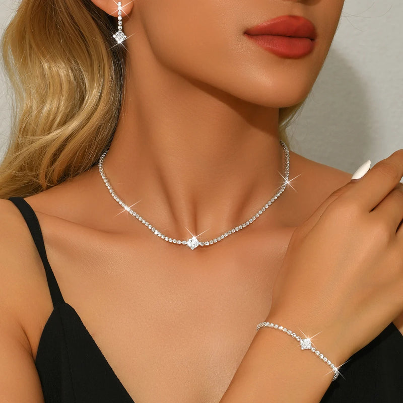 Conjunto de Joias Femininas com Zircônia, Colar de Corrente de Liga de Cobre, Brincos, Pulseira, Acessórios Casuais para Casamentos, Festas e Feriados