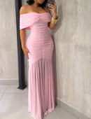 Vestidos para Mulheres 2025 Elegante Sexy Ombro a Ombro Franzido Cintura Marcada Vestido de Festa de Ajuste Fino Cauda de Sereia