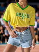 Camisetas Casuais com Estampa da Bandeira do Brasil Camiseta Gótica Manga Curta Camiseta com Estampa do BRASIL Criatividade Feminina Camiseta de Rua Gola V