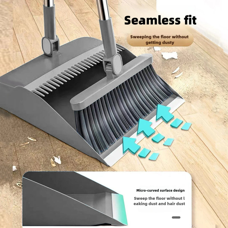 Conjunto doméstico rotativo de vassoura dobrável com pá de lixo, escova macia, vassoura de piaçava, tira antiaderente para varrer cabelos, limpar e raspar
