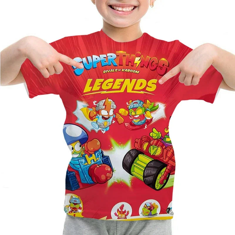 Camiseta Padrão 3D SuperThings Infantil Camiseta O-neck Manga Curta Roupas Meninas Casual Camiseta Tops Primavera Verão Roupas Infantis