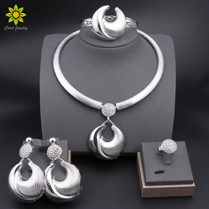 Conjunto de Joias Dubai para Mulheres Banho de Prata Colar de Luxo Brincos Pulseira e Anel Conjunto de Joias para Casamento Festa Tendência