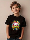 Camiseta Infantil Estampada Divertida de Moda com Jesus como Meu Super-Herói, Estilo Cartoon Vibrante, Camiseta Casual de Verão para Meninas e Meninos, Gola Careca